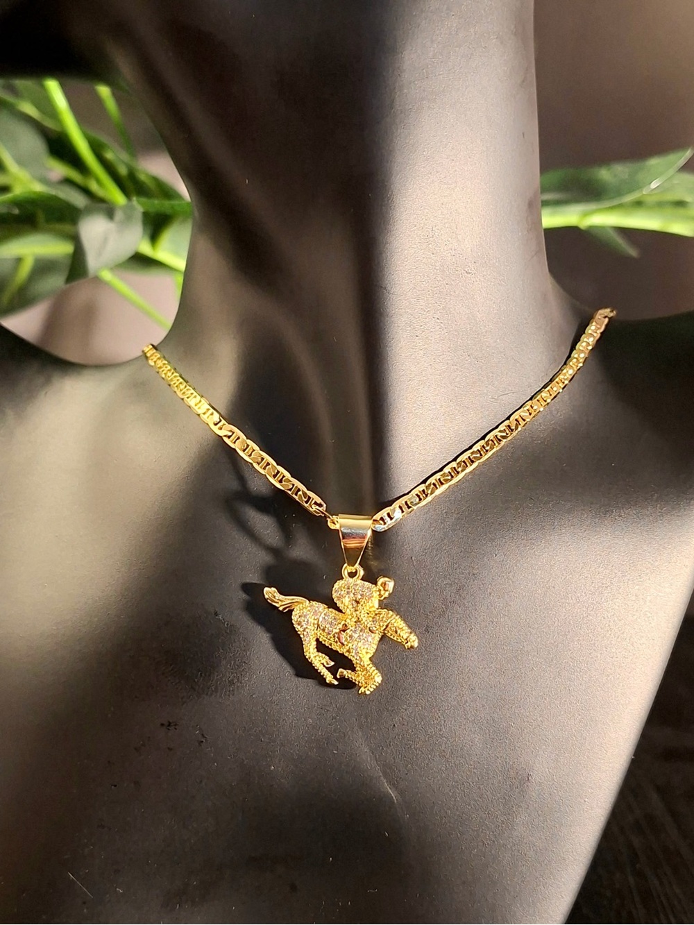 Gold-Filled Horse & Rider Necklace 20” Clear Stone Equestrian Pendant